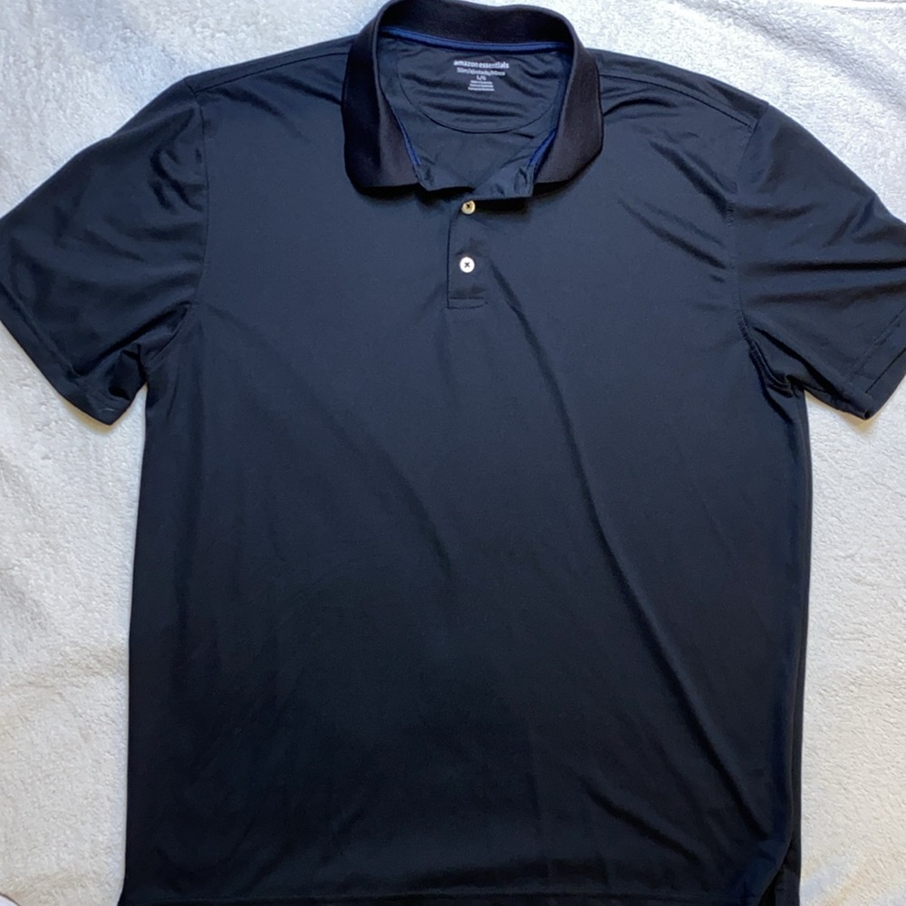 Amazon Essentials black polyester pique polo Sz L EUC